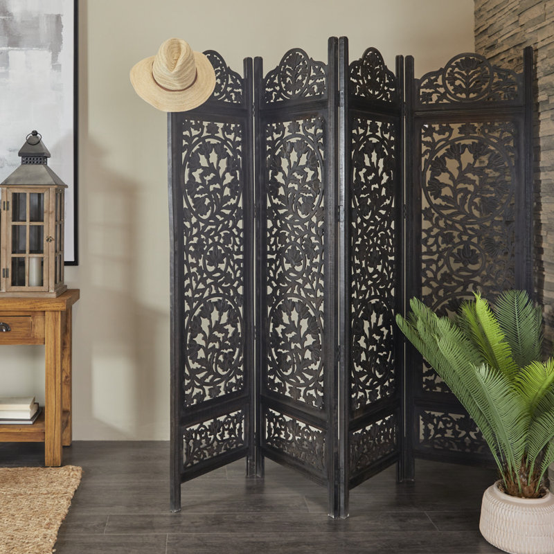 World Menagerie Rocade Wood Handmade Foldable Partition Carved 4 Panel Floral Partition Black Divider Screen Reviews Wayfair